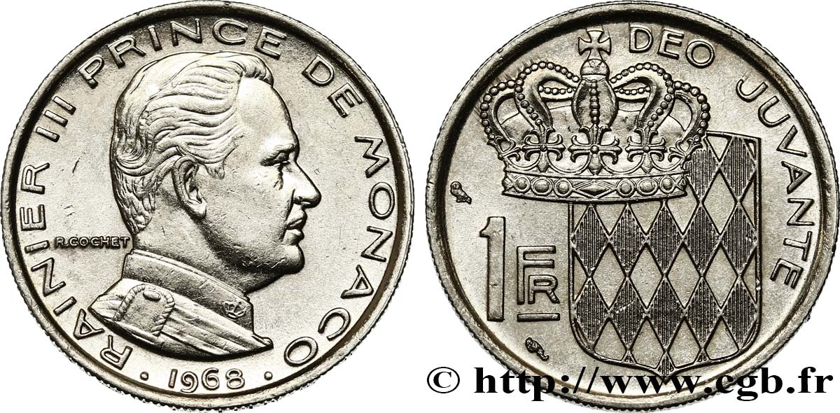 MONACO 1 Franc Rainier III / écu couronné 1968 Paris EBC 