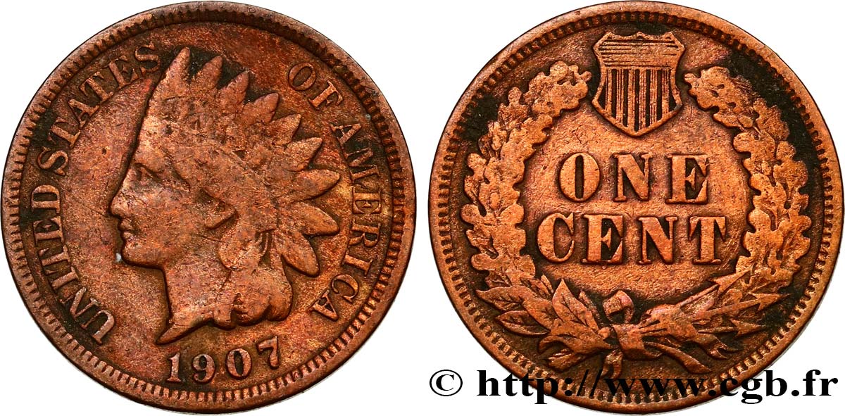 UNITED STATES OF AMERICA 1 Cent tête d’indien, 3e type 1907 Philadelphie VF 