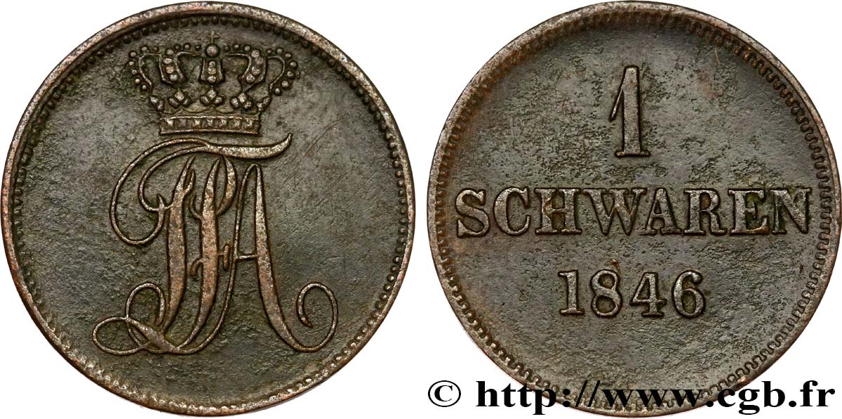 ALLEMAGNE - OLDENBOURG 1 Schwaren monogramme de Paul-Frédéric-Auguste grand-duc 1848  TTB+ 