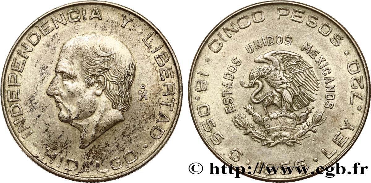 MEXIQUE 5 Pesos Miguel Hidalgo y Costilla 1956 Mexico TTB+ 