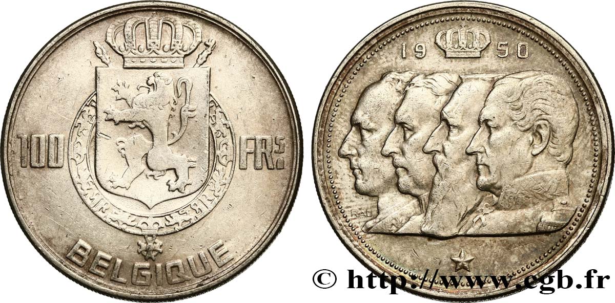 BELGIQUE 100 Francs armes au lion / portraits des quatre rois de Belgique, légende française 1950  TTB 