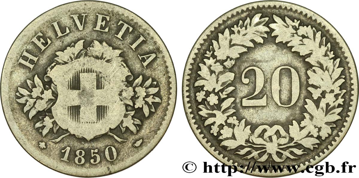 SVIZZERA  20 Centimes (Rappen) croix suisse 1850 Strasbourg - BB MB 