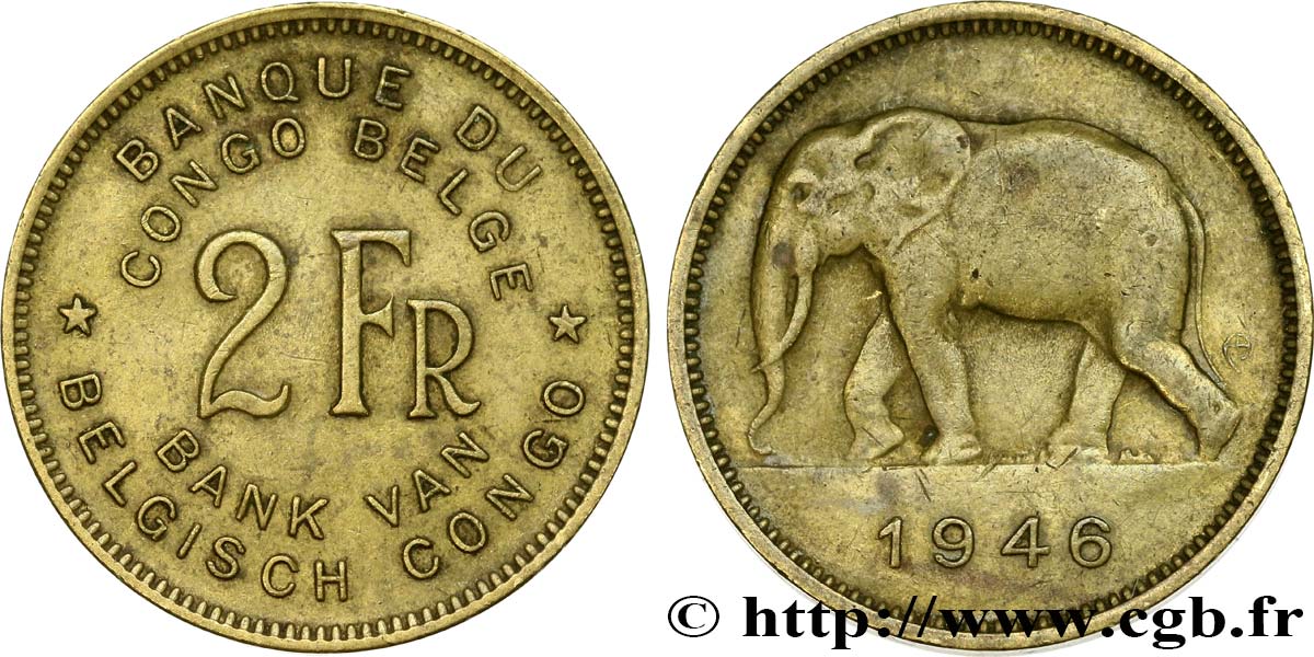 BELGIAN CONGO 2 Francs éléphant 1946  XF 