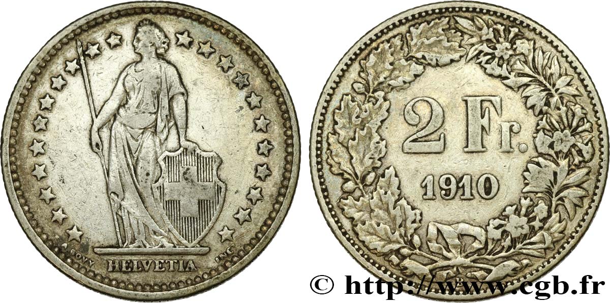 SWITZERLAND 2 Francs Helvetia 1910 Berne - B XF 