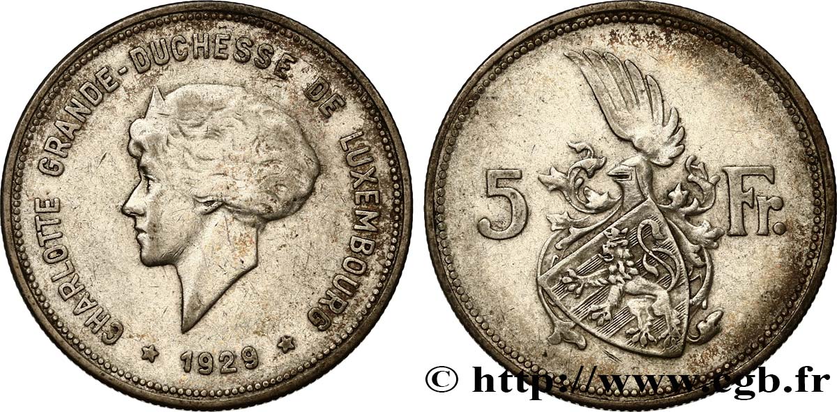 LUXEMBURGO 5 Francs Grande-Duchesse Charlotte 1929  MBC 