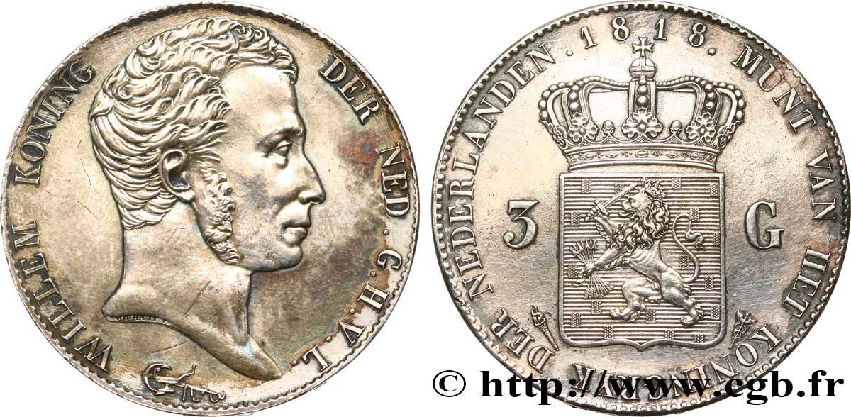 ROYAUME DES PAYS-BAS - GUILLAUME Ier 3 Gulden 1818 Utrecht MBC+ 