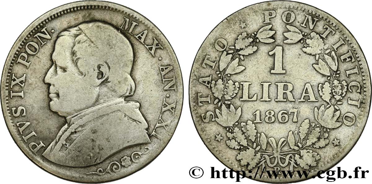 VATICAN AND PAPAL STATES 1 Lire Pie IX an XXI 1867 Rome VF 