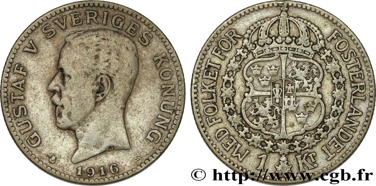 SUECIA 1 Krona Gustave V 1916  BC+ 