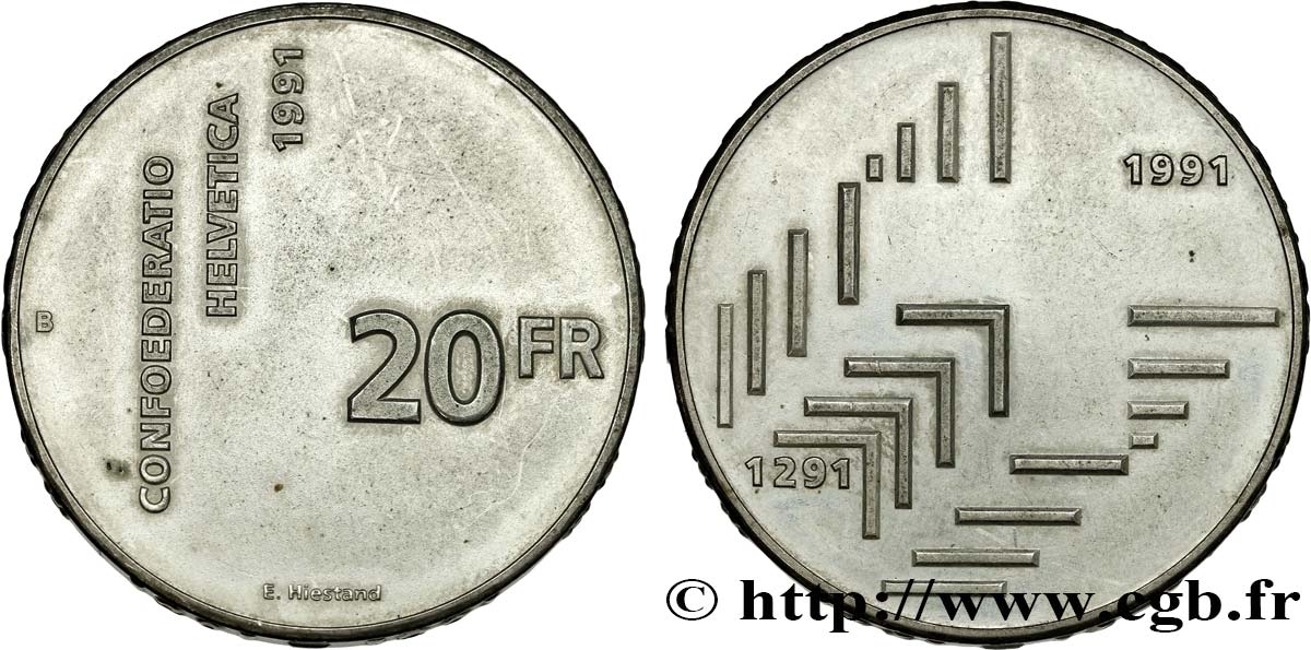 SCHWEIZ 20 Francs 700e anniversaire de la confédération helvétique 1991 Berne  VZ 