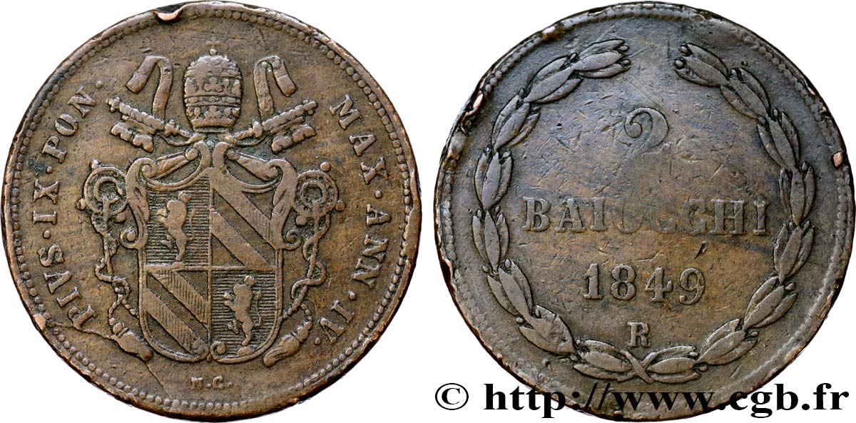 VATICAN AND PAPAL STATES 2 Baiocchi  1849 Rome VF 