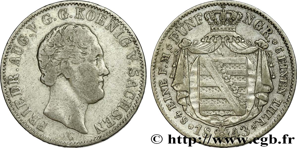 ALLEMAGNE - SAXE 1/6 Thaler Frédéric Auguste II 1843 Dresde TB 