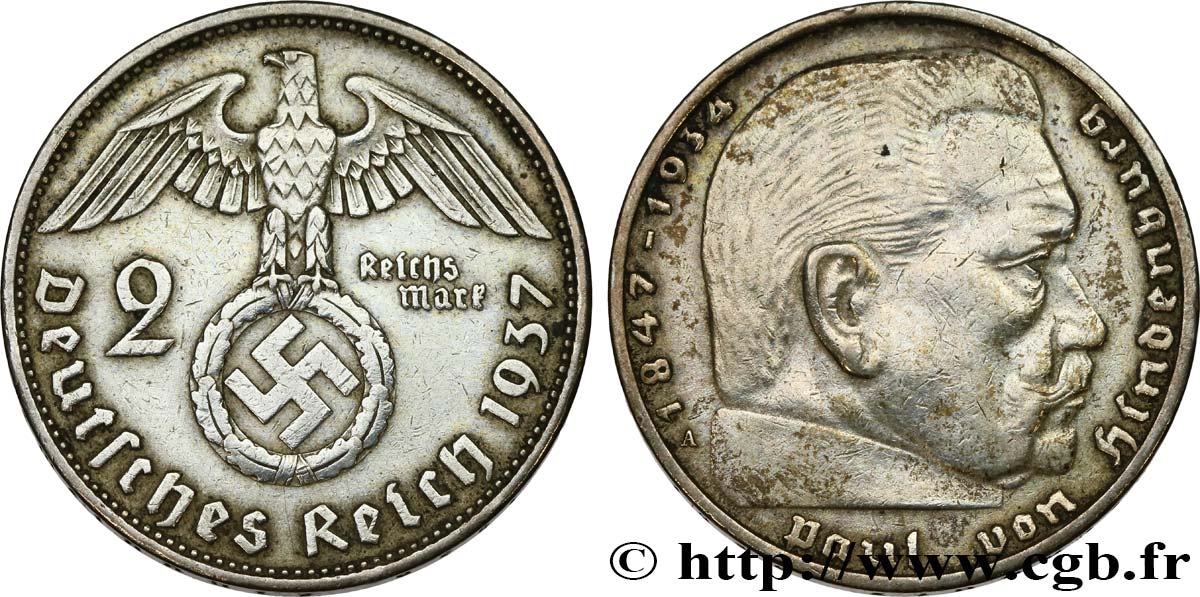 ALEMANIA 2 Reichsmark Maréchal Paul von Hindenburg 1937 Berlin MBC 