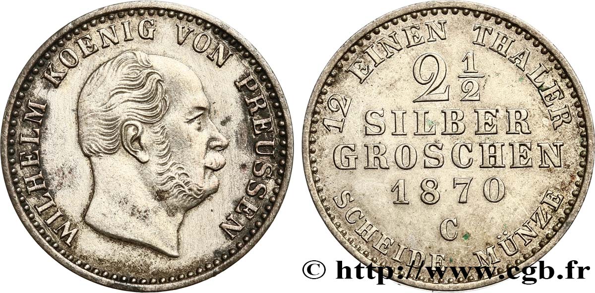 GERMANY - PRUSSIA 2 1/2 Silbergroschen Guillaume Ier 1870 Francfort AU 