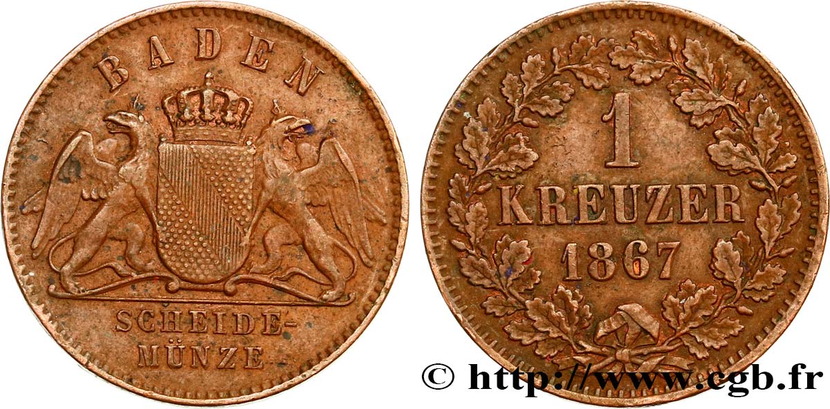 ALLEMAGNE - BADE 1 Kreuzer 1867  TTB 