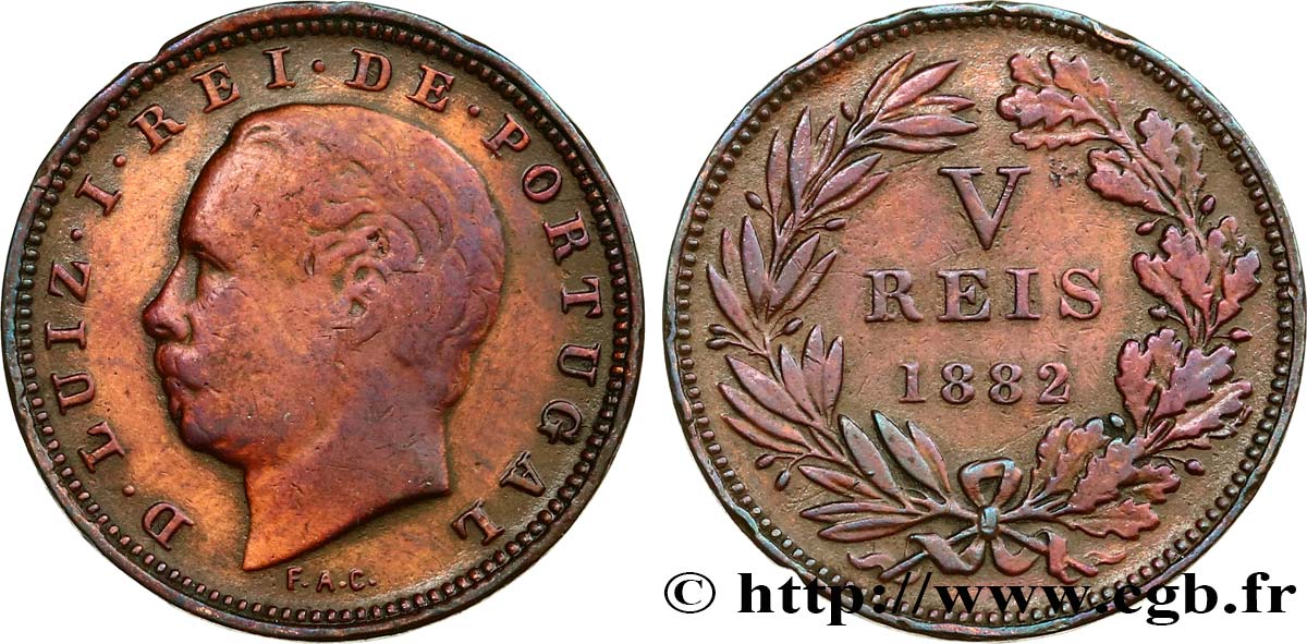 PORTUGAL 5 Réis Louis Ier 1882  TTB 