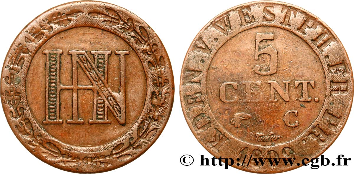 GERMANY - KINGDOM OF WESTPHALIA 5 Centimes monogramme de Jérôme Napoléon 1809  XF 