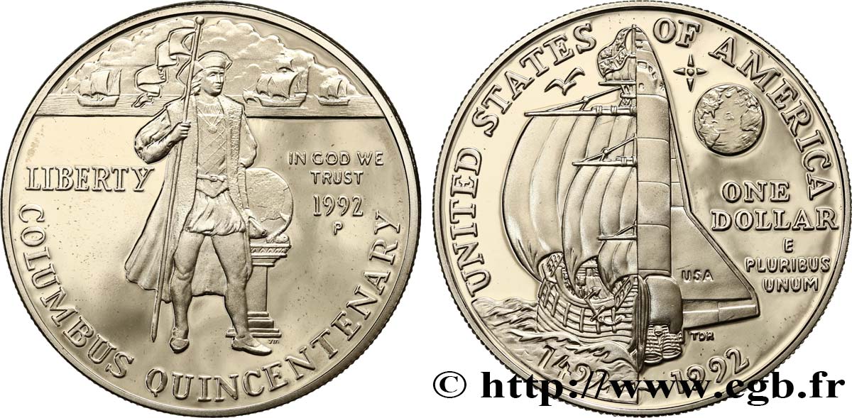 ÉTATS-UNIS D AMÉRIQUE 1 Dollar Proof 500e anniversaire de la découverte de l’Amérique par Christophe Colomb 1992 Philadelphie FDC 