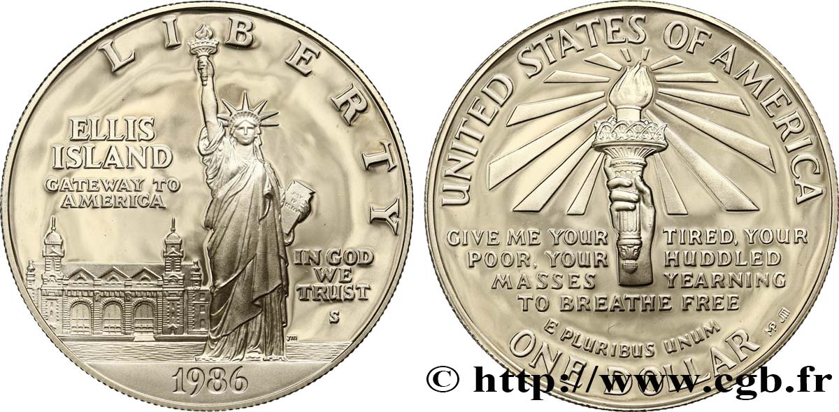 STATI UNITI D AMERICA 1 Dollar Proof Statue de la Liberté, Ellis Island 1986 San Francisco MS 