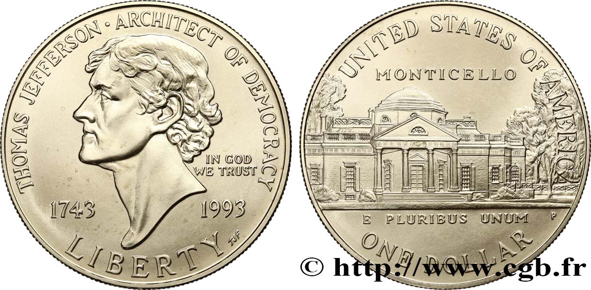 ÉTATS-UNIS D AMÉRIQUE 1 Dollar Jefferson 1993 Philadelphie SPL 