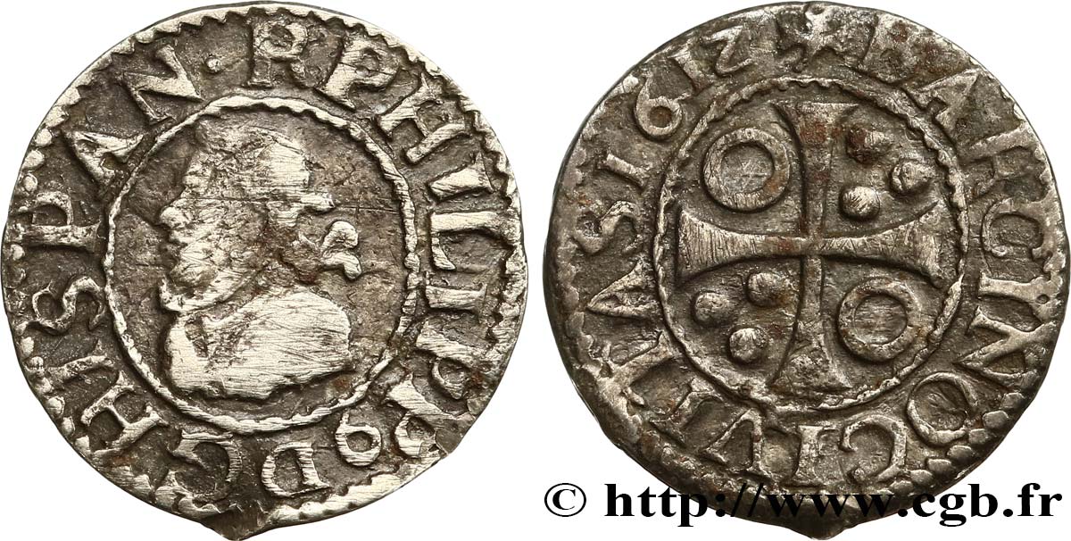 ESPAGNE - ROYAUME D ESPAGNE - PHILIPPE III 1/2 Real frappe pour Barcelone 1612 Barcelone VF 