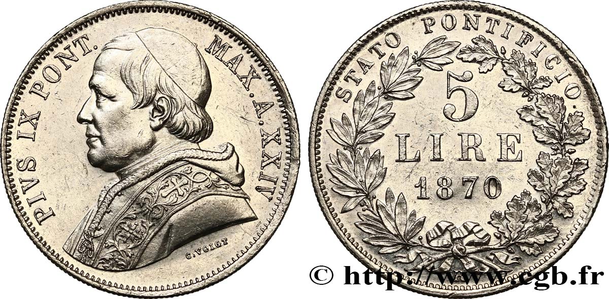 ITALY - PAPAL STATES - PIUS IX (Giovanni Maria Mastai Ferretti) 5 Lire an XXIV 1870 Rome AU 