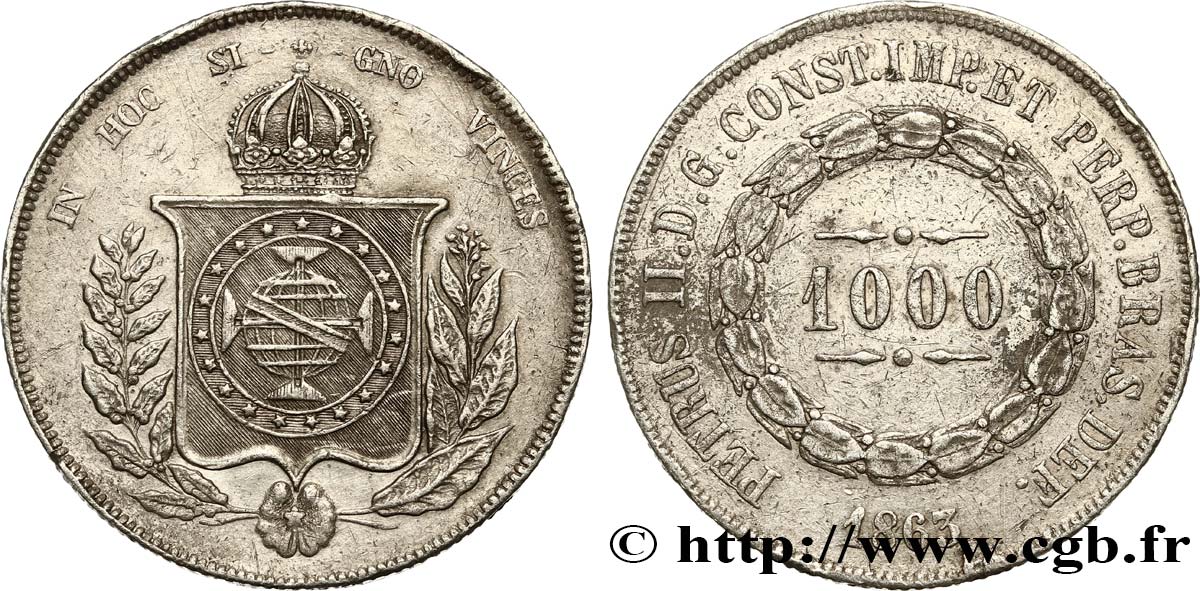 BRAZIL 1000 Reis Empereur Pierre II 1863  XF 