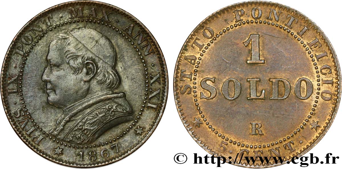 VATICAN AND PAPAL STATES 1 Soldo an XXI buste large 1867 Rome AU/AU 