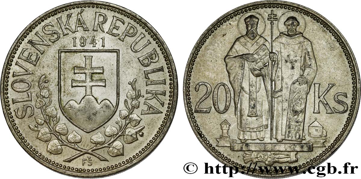 SLOVAQUIE 20 Korun St Cyril et St Méthode variété avec croix à simple barre 1941  SUP 