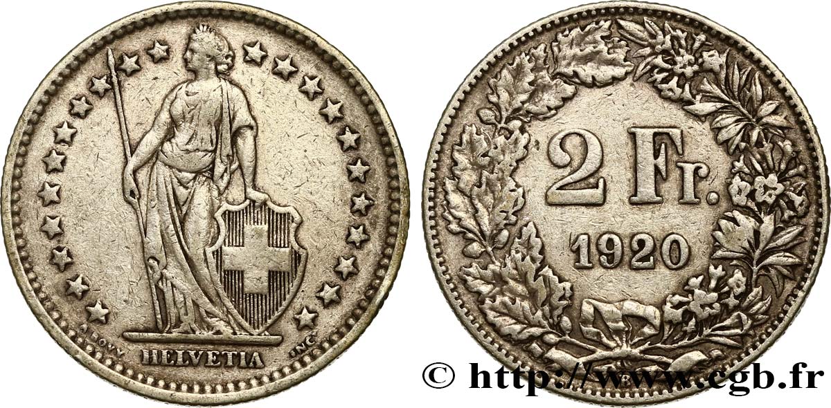 SWITZERLAND 2 Francs Helvetia 1920 Berne XF 
