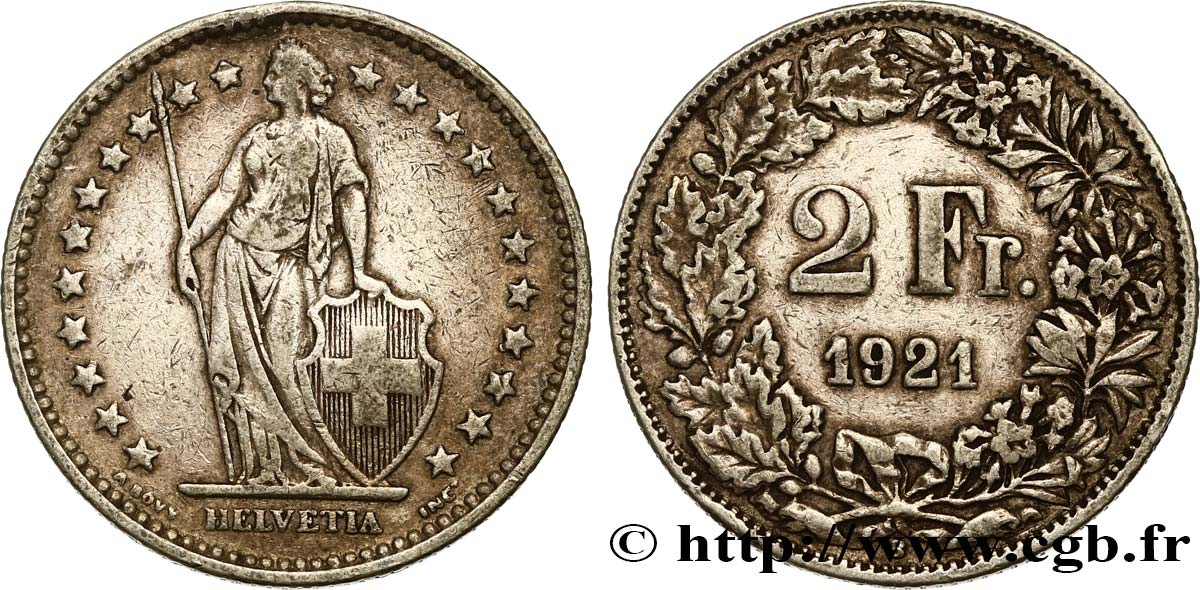 SVIZZERA  2 Francs Helvetia 1921 Berne q.BB 