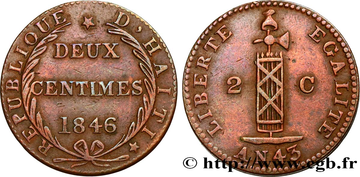 HAITI 2 Centimes faisceau, an 43 1846  MBC 