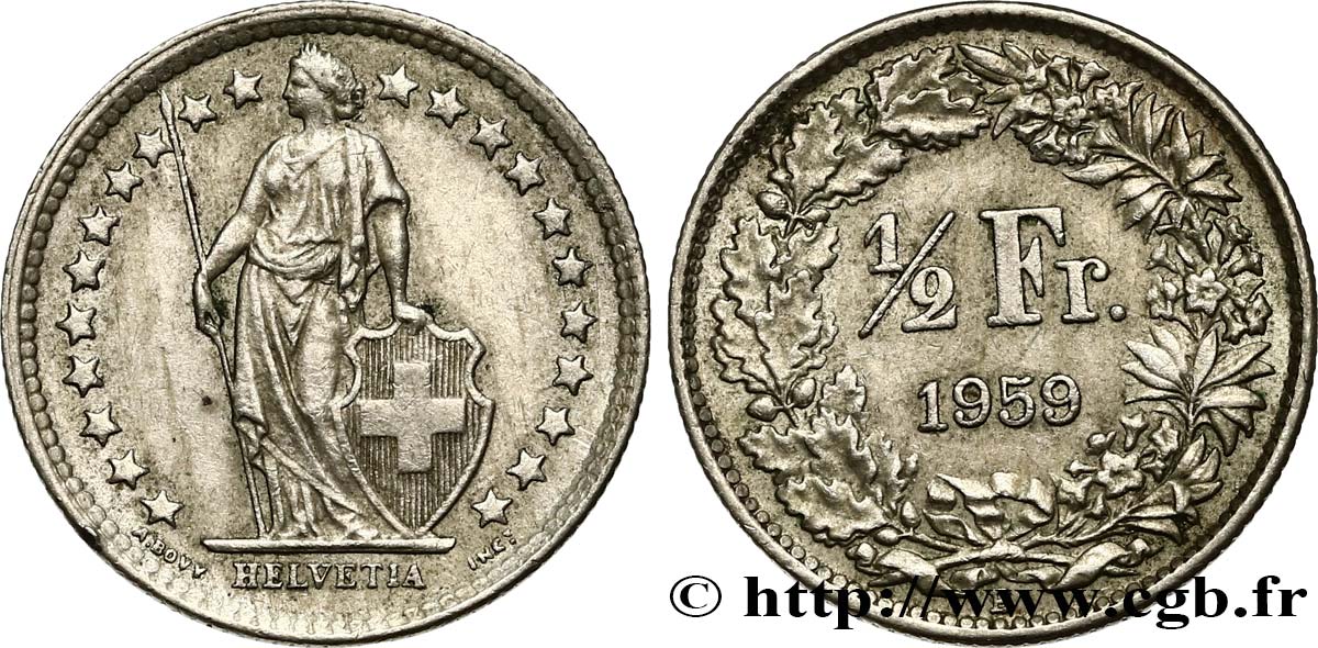 SWITZERLAND 1/2 Franc Helvetia 1959 Berne - B AU 