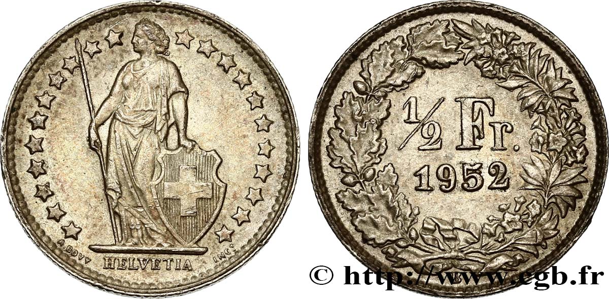 SUIZA 1/2 Franc Helvetia 1952 Berne EBC 