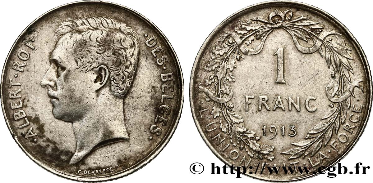 BELGIQUE 1 Franc Albert Ier légende française 1913  TTB 