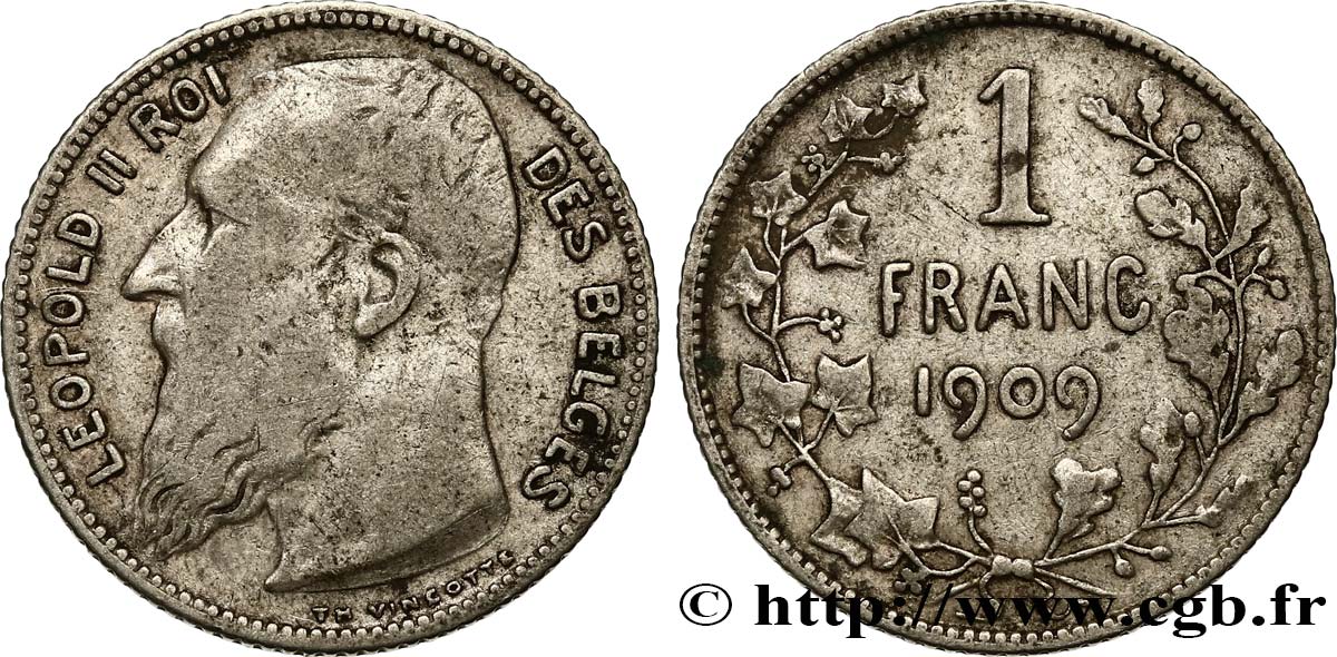 BÉLGICA 1 Franc Léopold II légende flamande variété sans point dans la signature 1909  BC 