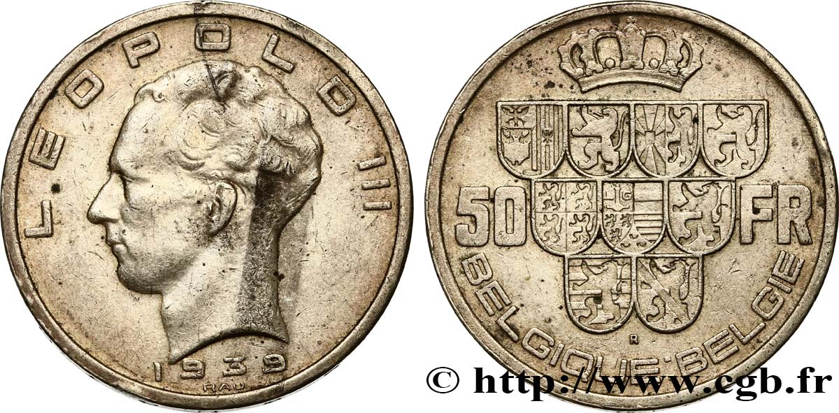 BELGIQUE 50 Francs Léopold III légende Belgique-Belgie tranche position A 1939  TTB+ 