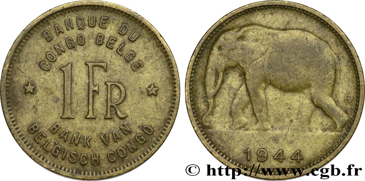 BELGIAN CONGO 1 Franc éléphant 1944  XF 