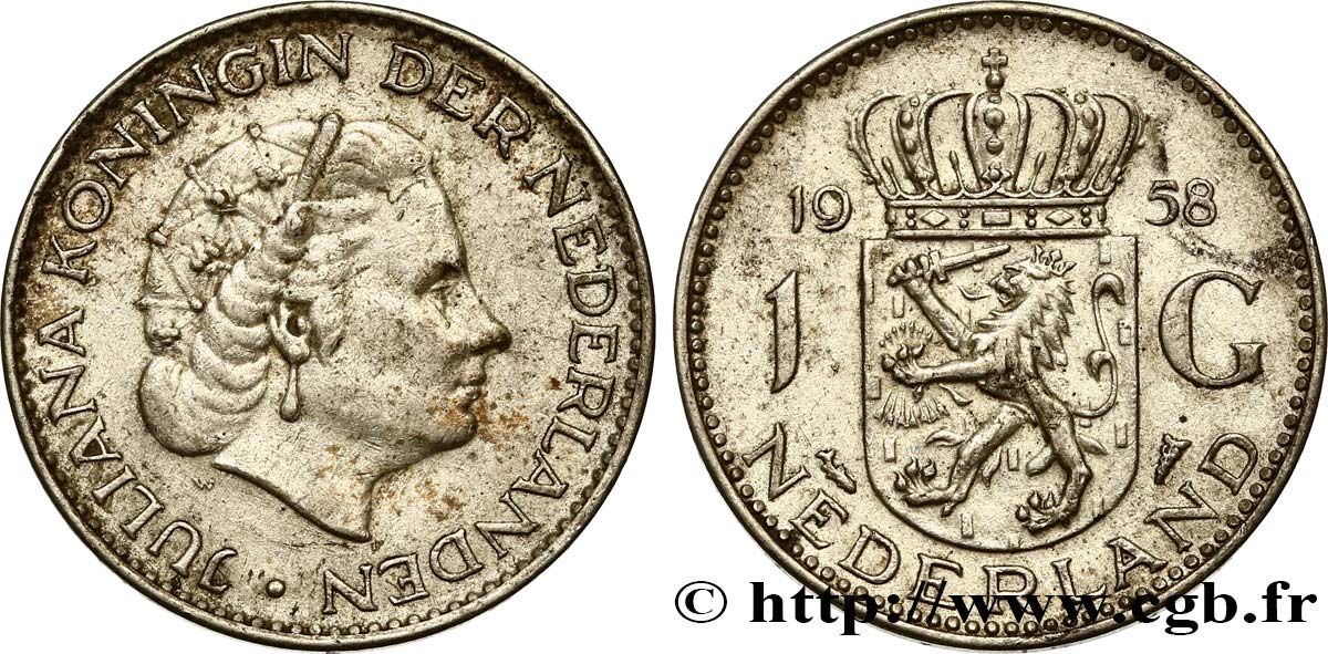 NETHERLANDS 1 Gulden Juliana 1958  AU 