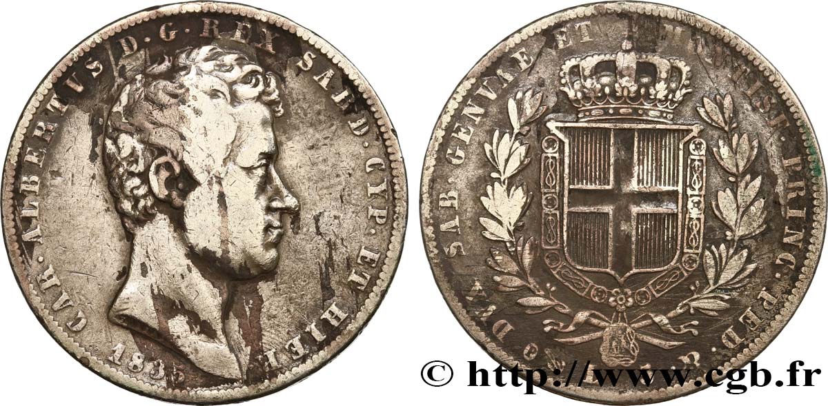 ITALY - KINGDOM OF SARDINIA 5 Lire Charles Albert 1835 Gênes VF 