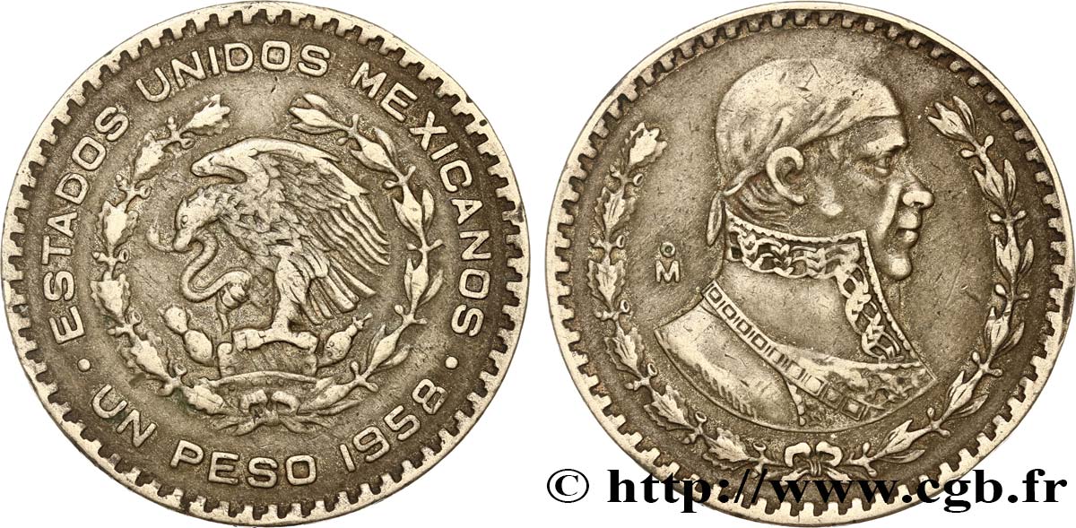 MEXICO 1 Peso Jose Morelos y Pavon 1958 Mexico XF 
