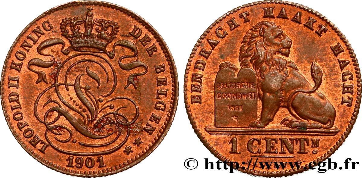 BELGIEN 1 Centime lion monogramme de Léopold II légende en flamand 1901  VZ 