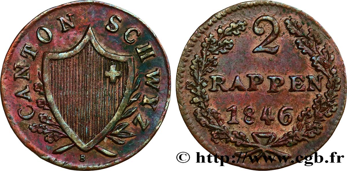 SWITZERLAND - Cantons  coinages 2 Rappen - Canton de Schwyz 1846  XF 