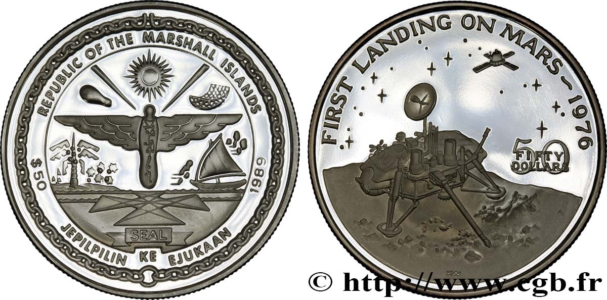 ÎLES MARSHALL 50 Dollars Proof 1er atterrissage sur Mars 1989  FDC 