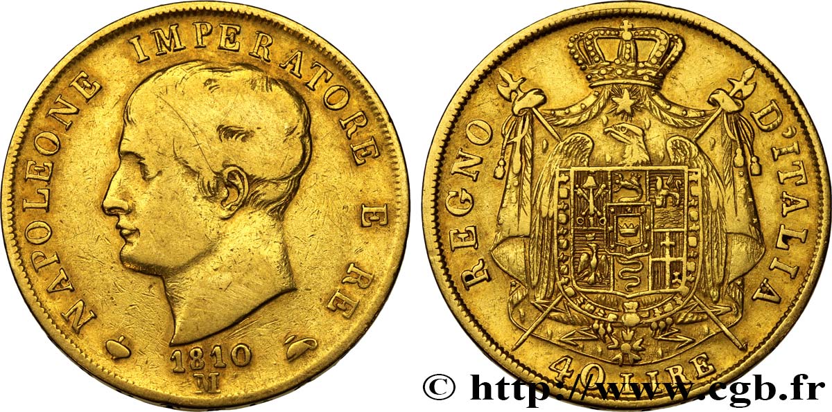 ITALY - KINGDOM OF ITALY - NAPOLEON I 40 Lire 1810 Milan VF/XF 