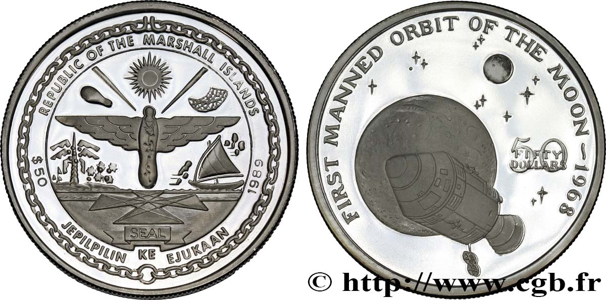 MARSHALL ISLANDS 50 Dollars Proof 1er homme en orbite autour de la Lune 1989  MS 