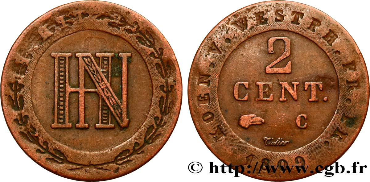GERMANY - KINGDOM OF WESTPHALIA 2 Centimes monogramme Jérôme Napoléon 1809 Cassel XF 