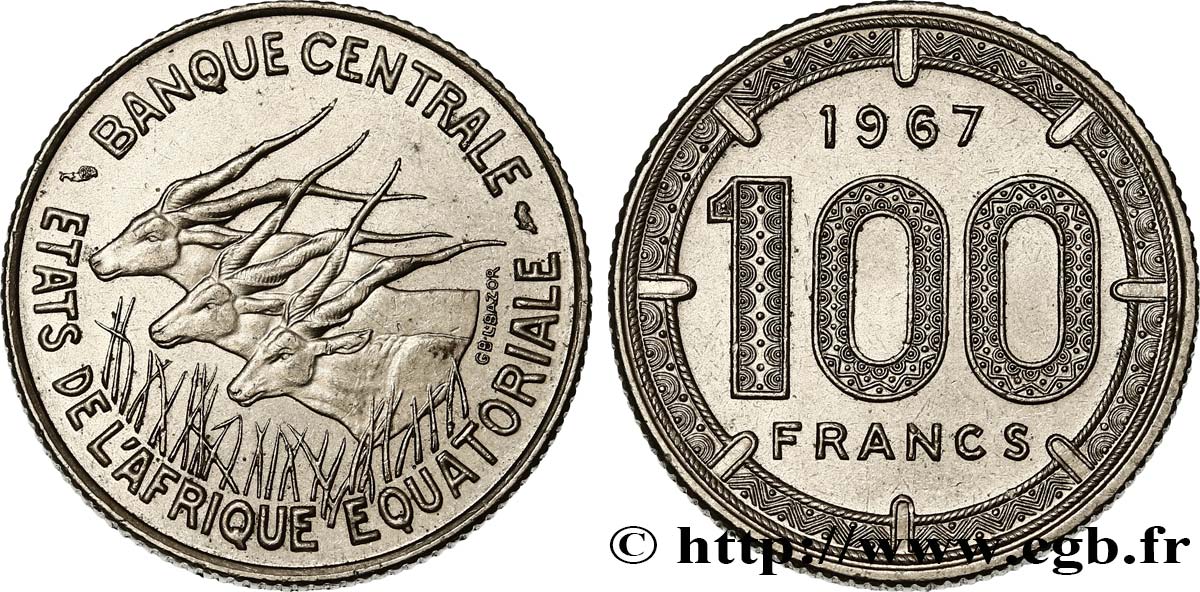 ÉTATS DE L AFRIQUE ÉQUATORIALE 100 Francs antilopes 1967 Paris SUP 