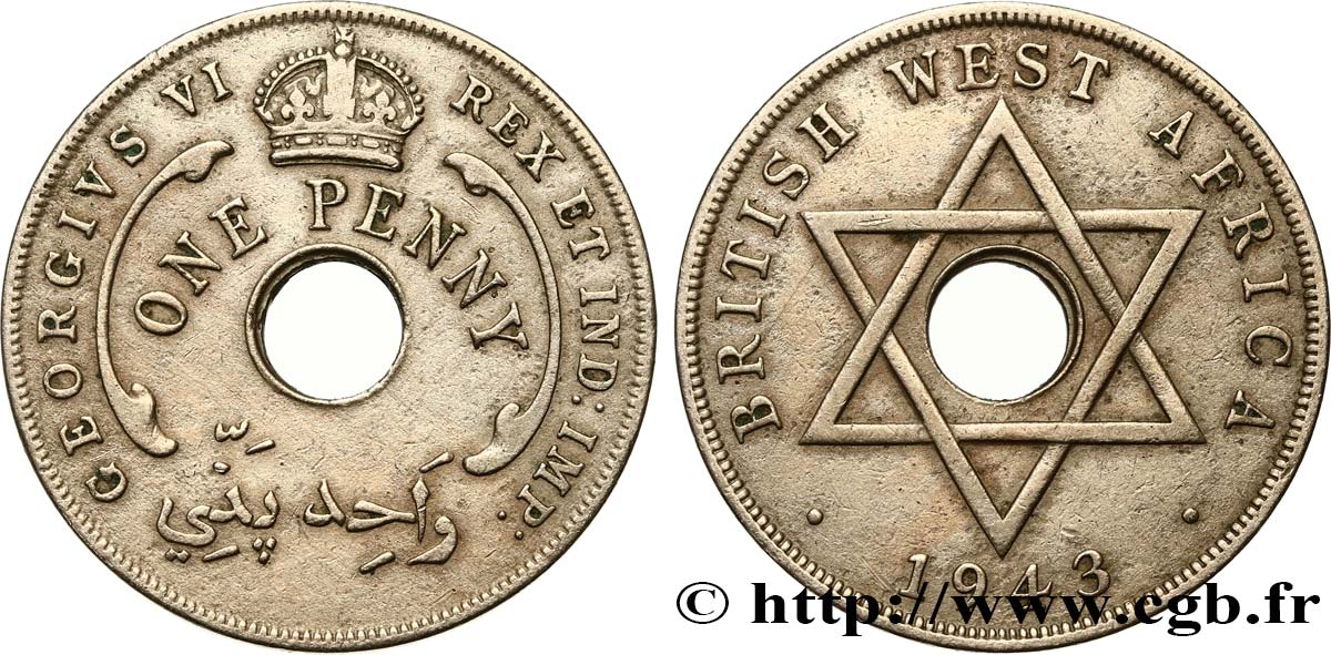 BRITISH WEST AFRICA 1 Penny Georges VI 1943  XF 