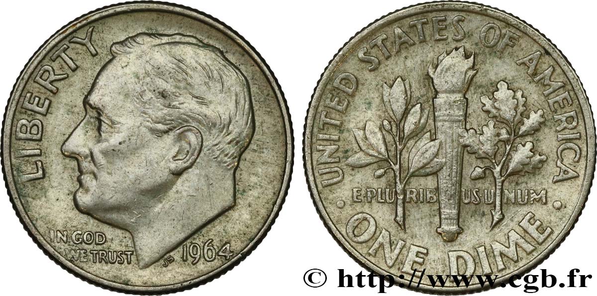 UNITED STATES OF AMERICA 1 Dime (10 Cents) Roosevelt 1964 Philadelphie AU 