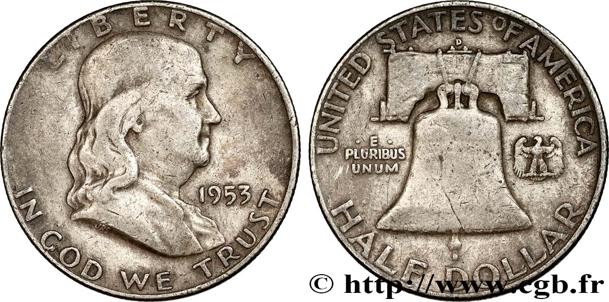UNITED STATES OF AMERICA 1/2 Dollar Benjamin Franklin 1953 Denver VF 